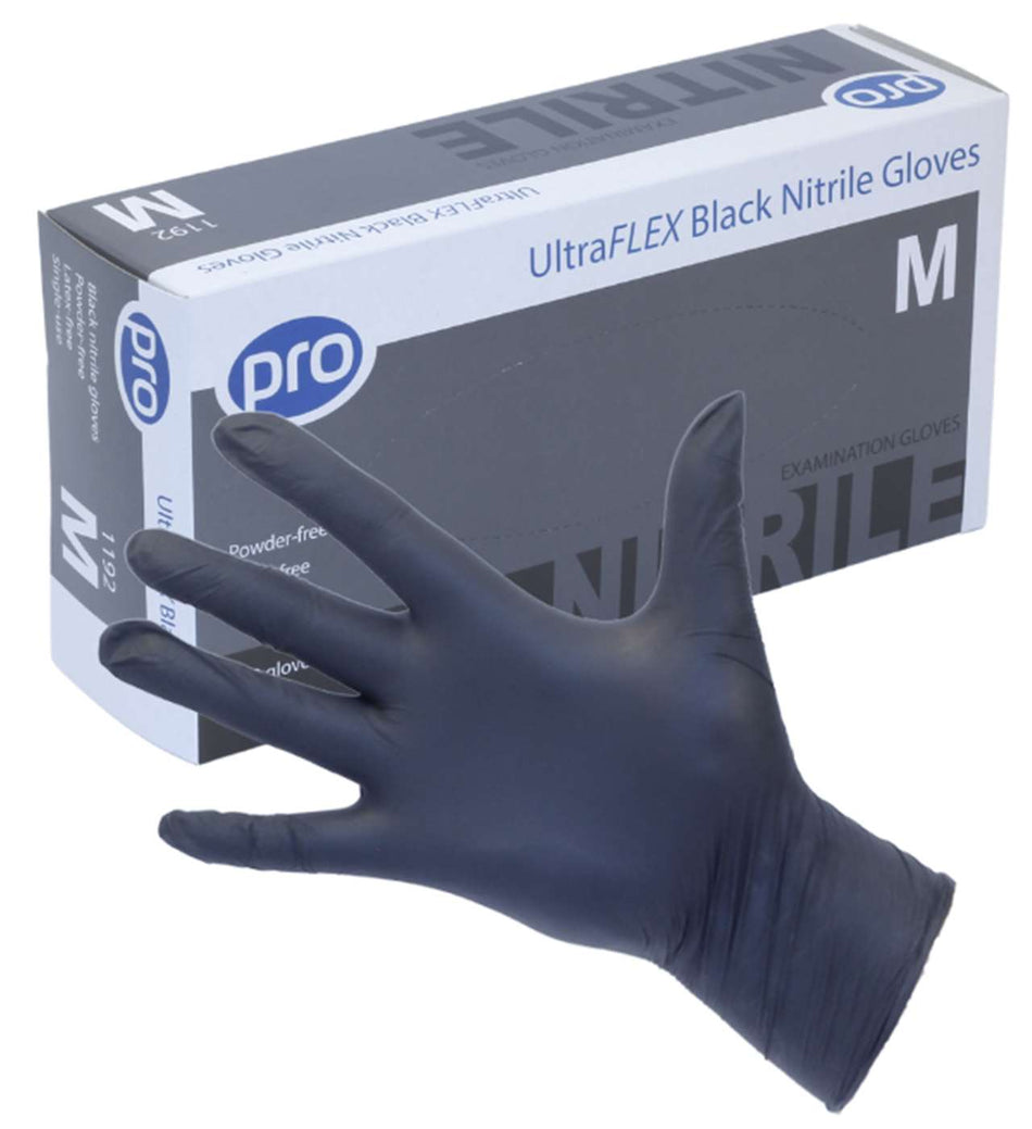 PRO UltraFLEX Black Nitrile Gloves Non Powdered Box Of 100