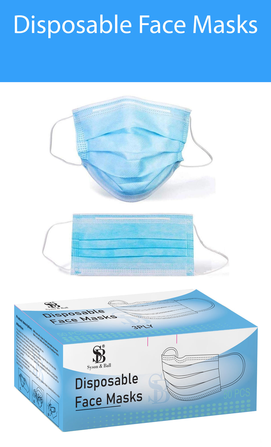3 Ply Disposable Blue Face Masks - Box of 50